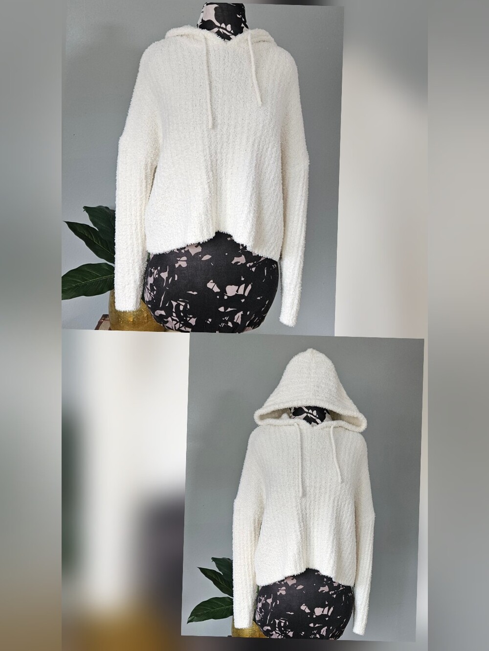 SO Soft Girl Creamy White Plush Fuzzy Knit Cropped Hoodie Sweater Size L